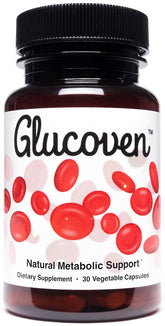 Glucoven bottle label highlights a clean, natural metabolic support formula.