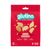 Glutino animal crackers original 6oz pack, gluten-free packaging shown for snacking