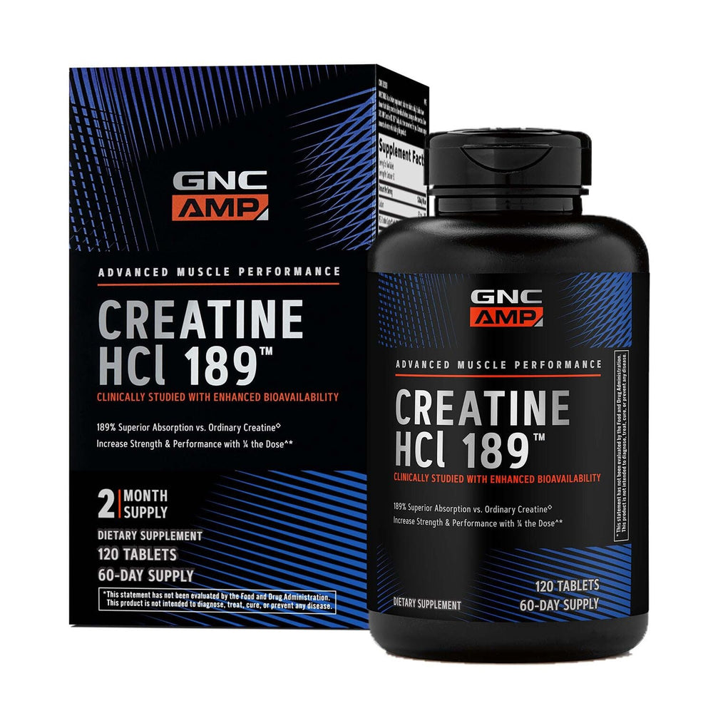 GNC AMP Creatine HCl 189 bottle with label showcases compact on-the-go supplement packaging.