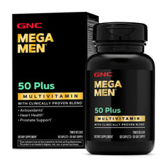 GNC Mega Men 50 Plus bottle pour, potential energy and immune support