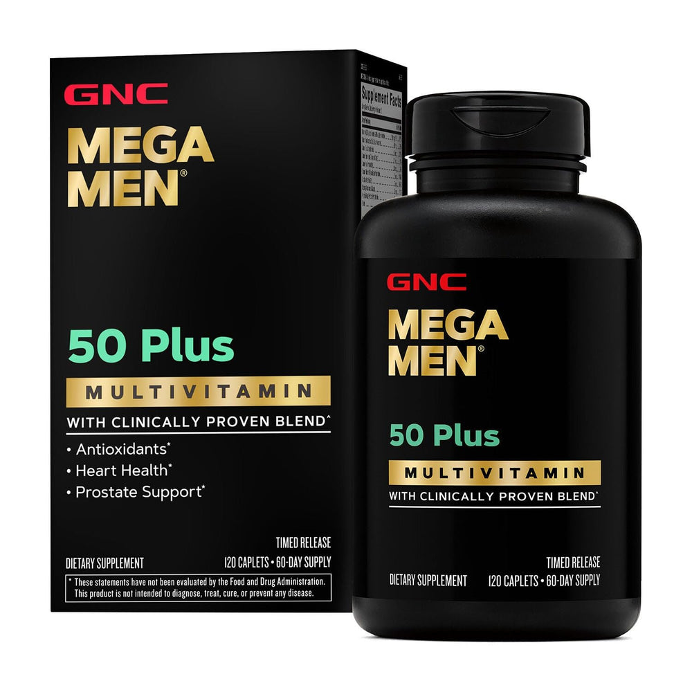 GNC Mega Men 50 Plus multivitamin bottle on counter for daily antioxidant support.