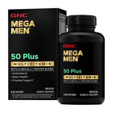 GNC Mega Men 50 Plus multivitamin bottle on counter for daily antioxidant support.