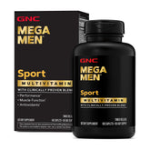 GNC Mega Men Sport bottle front view highlighting active lifestyle support