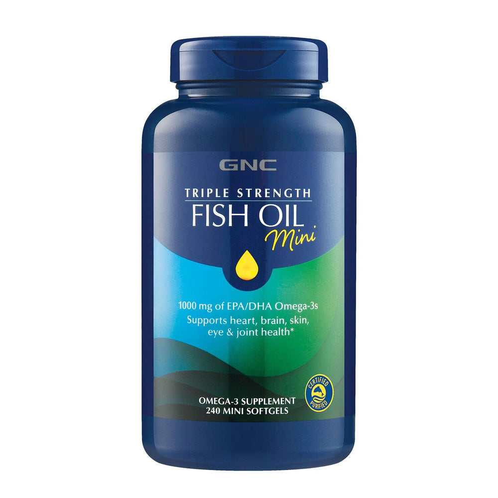 GNC Triple Strength Fish Oil mini softgels bottle for easy swallowing and daily support.