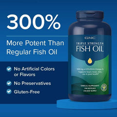 GNC Triple Strength Fish Oil sourced from wild-caught deep-ocean fish.