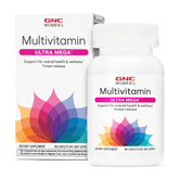 GNC Women's Ultra Mega Multivitamin Caplets bottle shows timed-release formula for daily energy