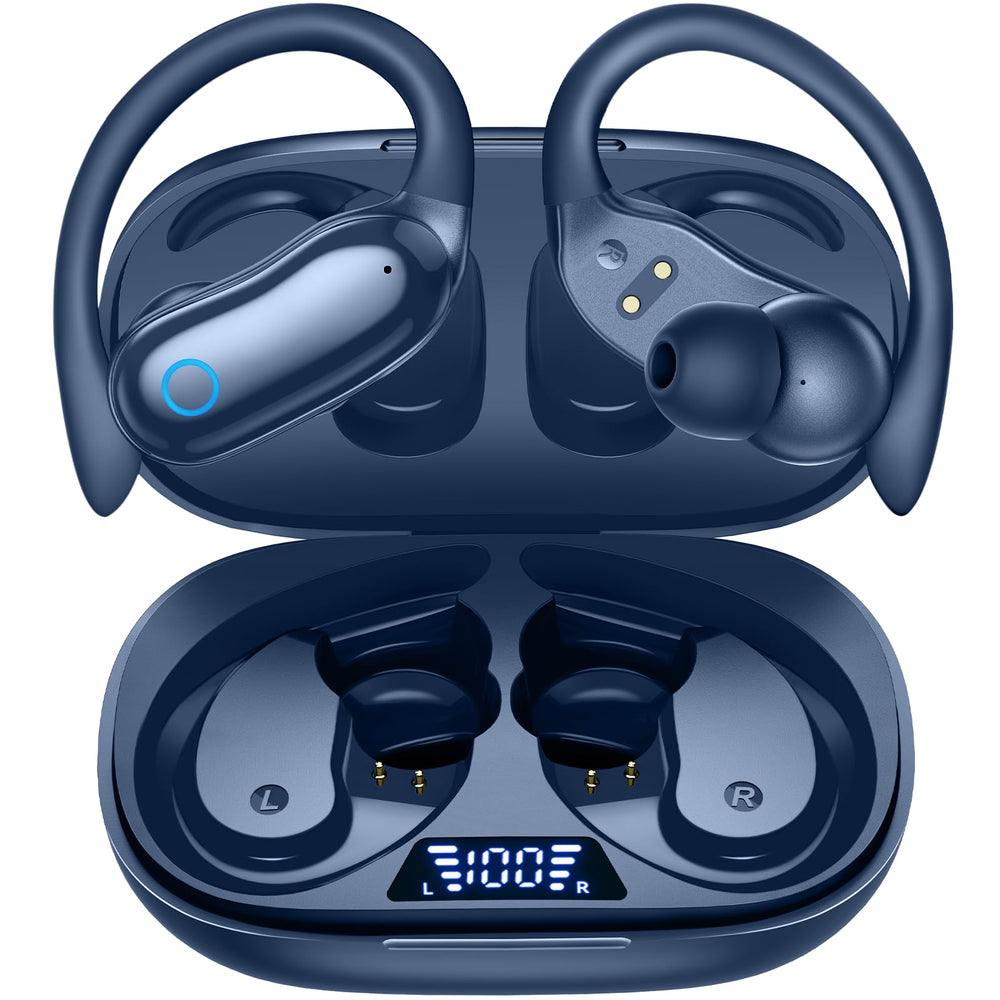 GNMN active noise cancelling earbuds in case with LED display showing battery levels.