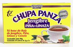 GN+Vida Chupa Panza ingredients close-up ginger pineapple flaxseed cinnamon for natural flavor