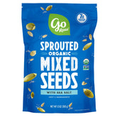 Go Raw organic sprouted pumpkin seeds close-up showing crunchy, protein-rich snack.