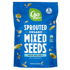 Go Raw organic sprouted pumpkin seeds close-up showing crunchy, protein-rich snack.
