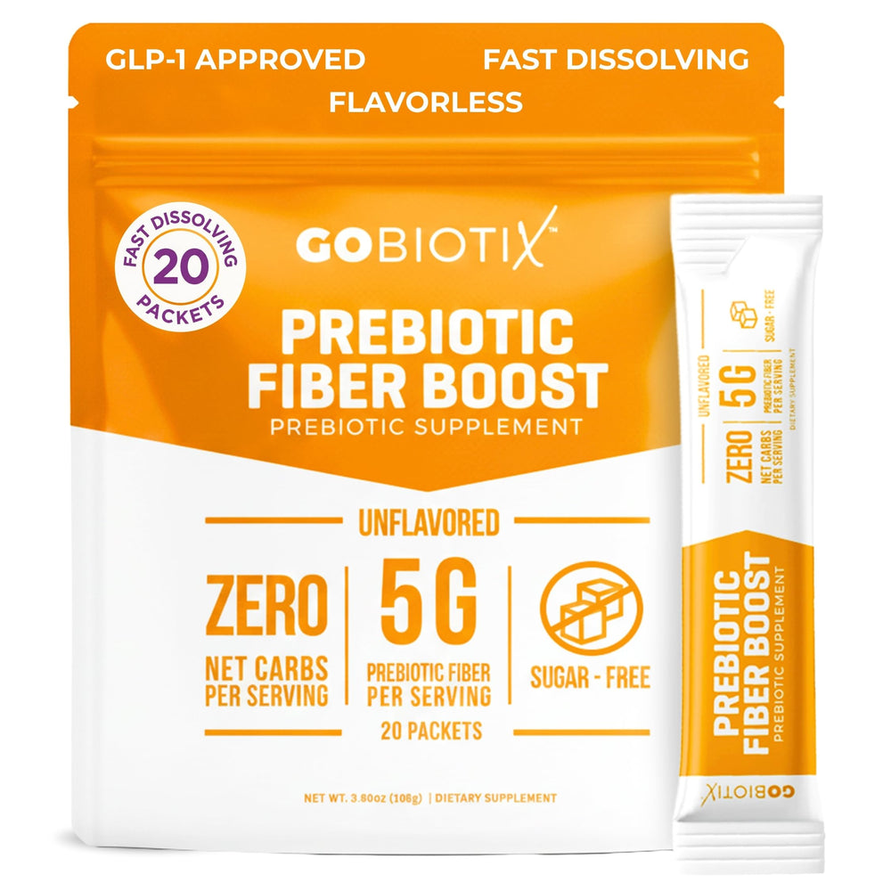 GoBiotix fiber supplement bottle highlights plant based gut support for daily balance