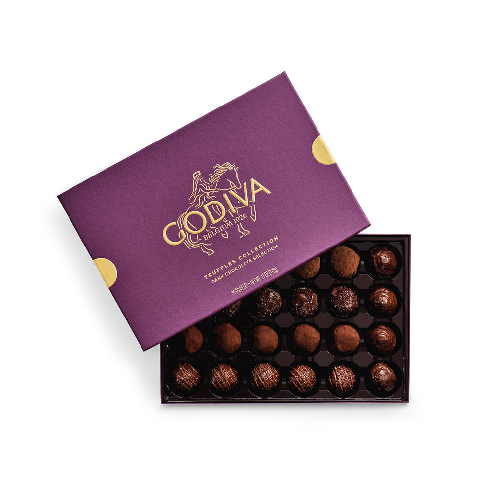 Godiva dark chocolate truffles in a stylish gift box for gifting.