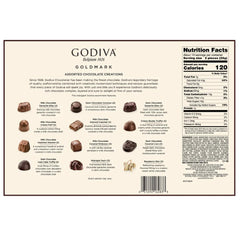 Godiva chocolates displayed on a tray showing a 12-flavor variety for tasting