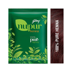 Godrej Nupur Henna mehndi powder closeup highlighting rich color-ready formula.