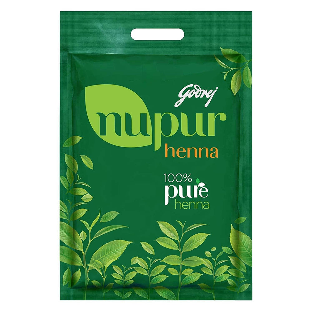 Godrej Nupur Henna powder 400g packaging showing herbal purity and natural ingredients.