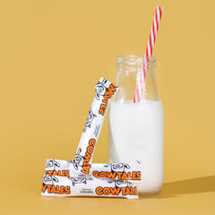 Goetze's Vanilla Cow Tales Minis fresh-from-factory label close-up.