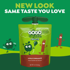 GoGo squeeZ Apple Cinnamon pouch open showing built-in straw for quick snacking.