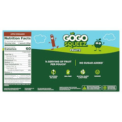 GoGo squeeZ Apple Cinnamon pouch open showing built-in straw for quick snacking.