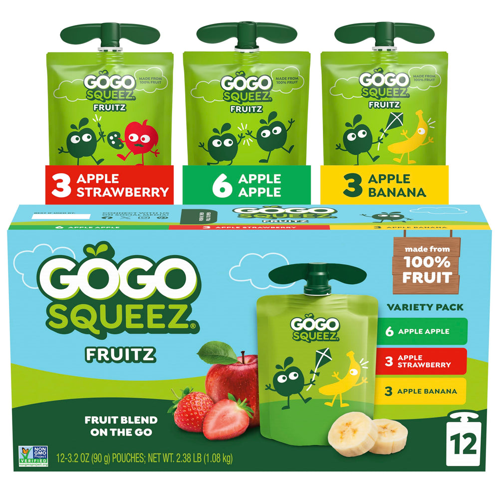 GoGo squeeZ no sugar added applesauce front view, convenient on-the-go snack for kids