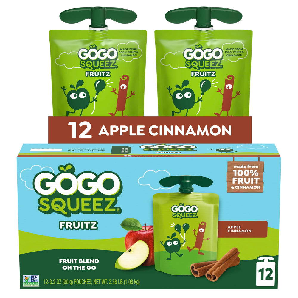 GoGo squeeZ No Sugar Added Apple Cinnamon 12-pack, shelf-stable fruit snack for on-the-go.