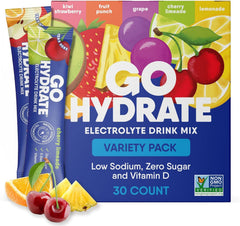 GoHydrate variety-pack box highlighting sugar-free electrolyte blends for daily hydration.