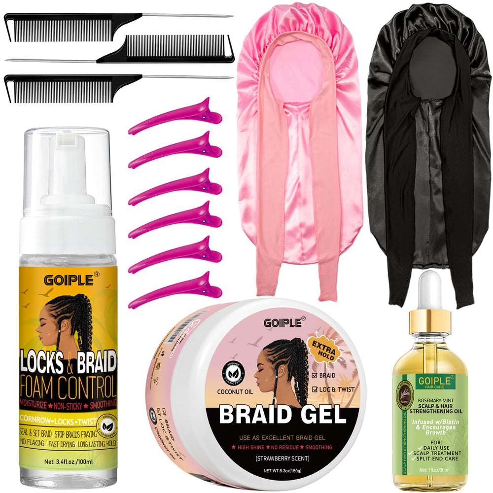 Goiple extra hold braiding kit packaging with mousse, gel, and bonnet for easy home braiding.