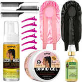 Goiple extra hold braiding kit packaging with mousse, gel, and bonnet for easy home braiding.