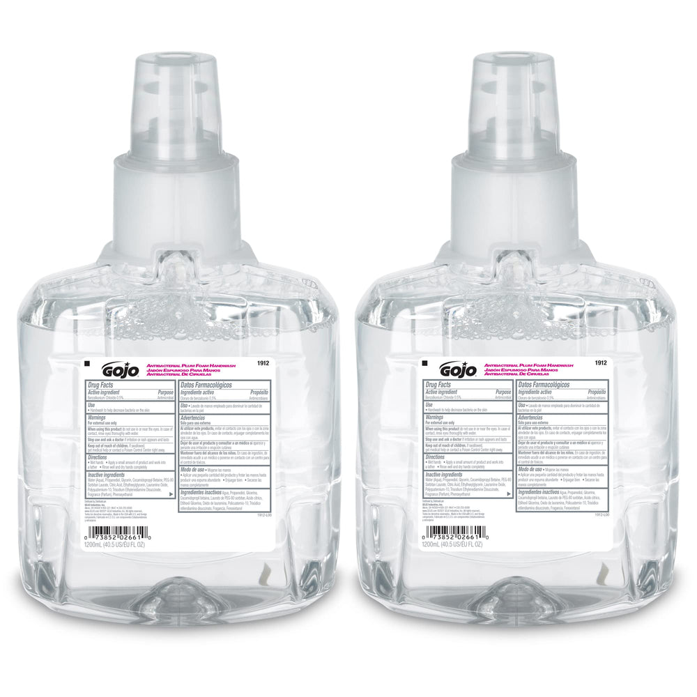 GoJO antibacterial foam handwash plum refill 1200ml with moisturizing formula for gentle cleansing.