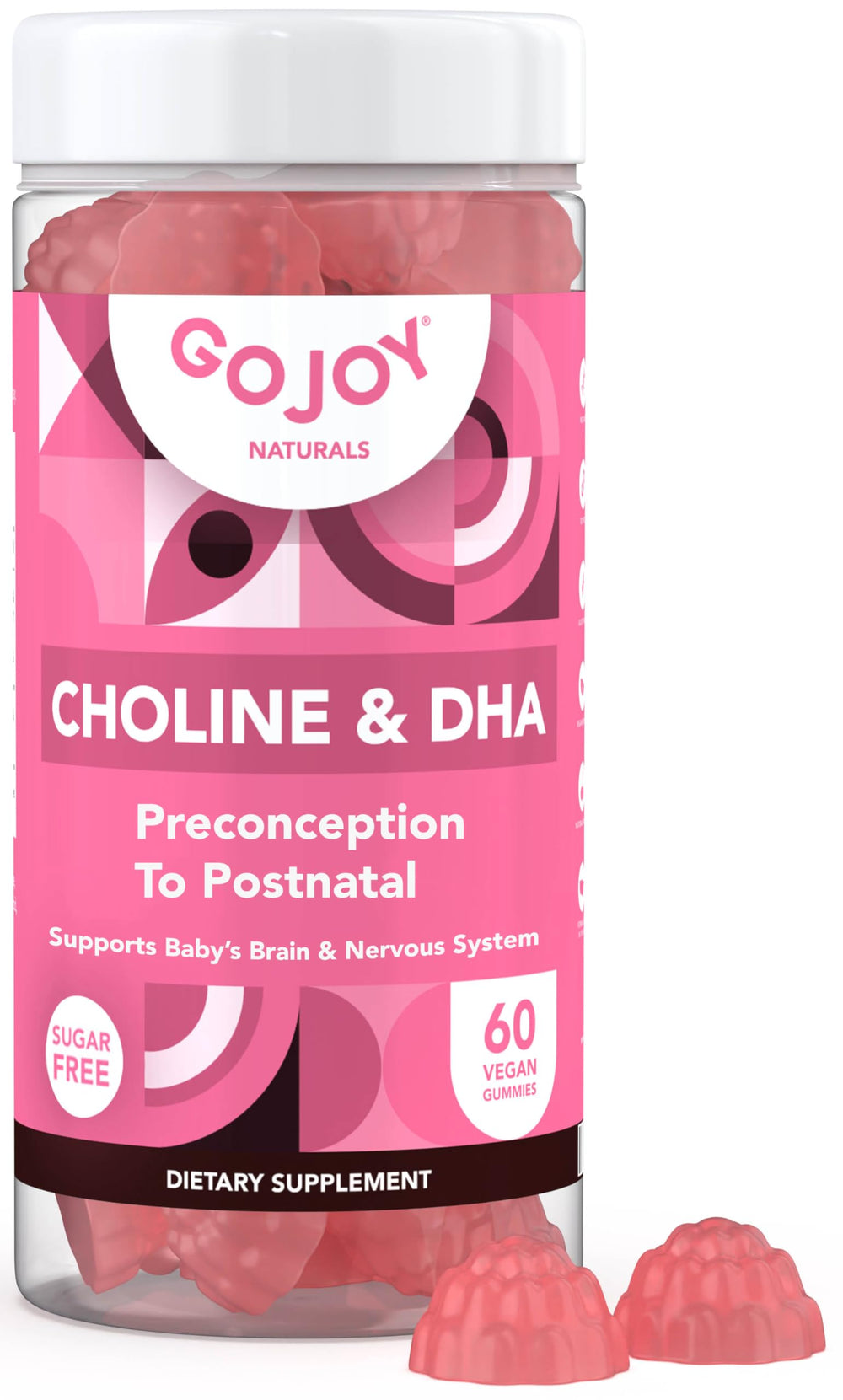 GOJOY NATURALS prenatal gummies bottle showing vegan DHA and choline.