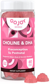 GOJOY NATURALS prenatal gummies bottle showing vegan DHA and choline.