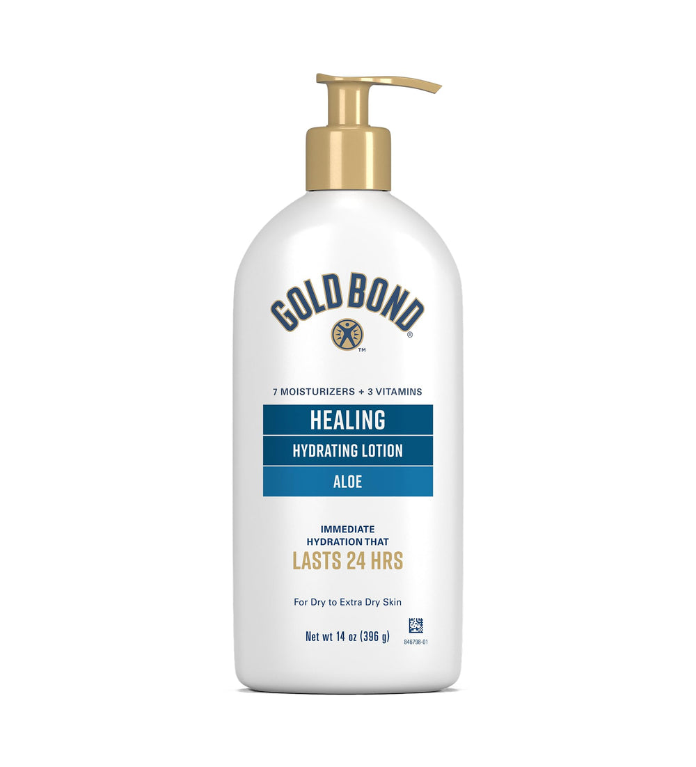 Gold Bond Healing Hydrating Lotion aloe bottle front for lasting moisture