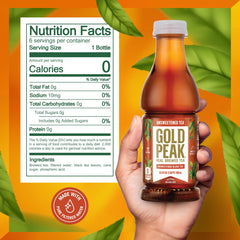 Gold Peak Unsweetened Tea label closeup highlighting clean, zero-calorie refreshment.