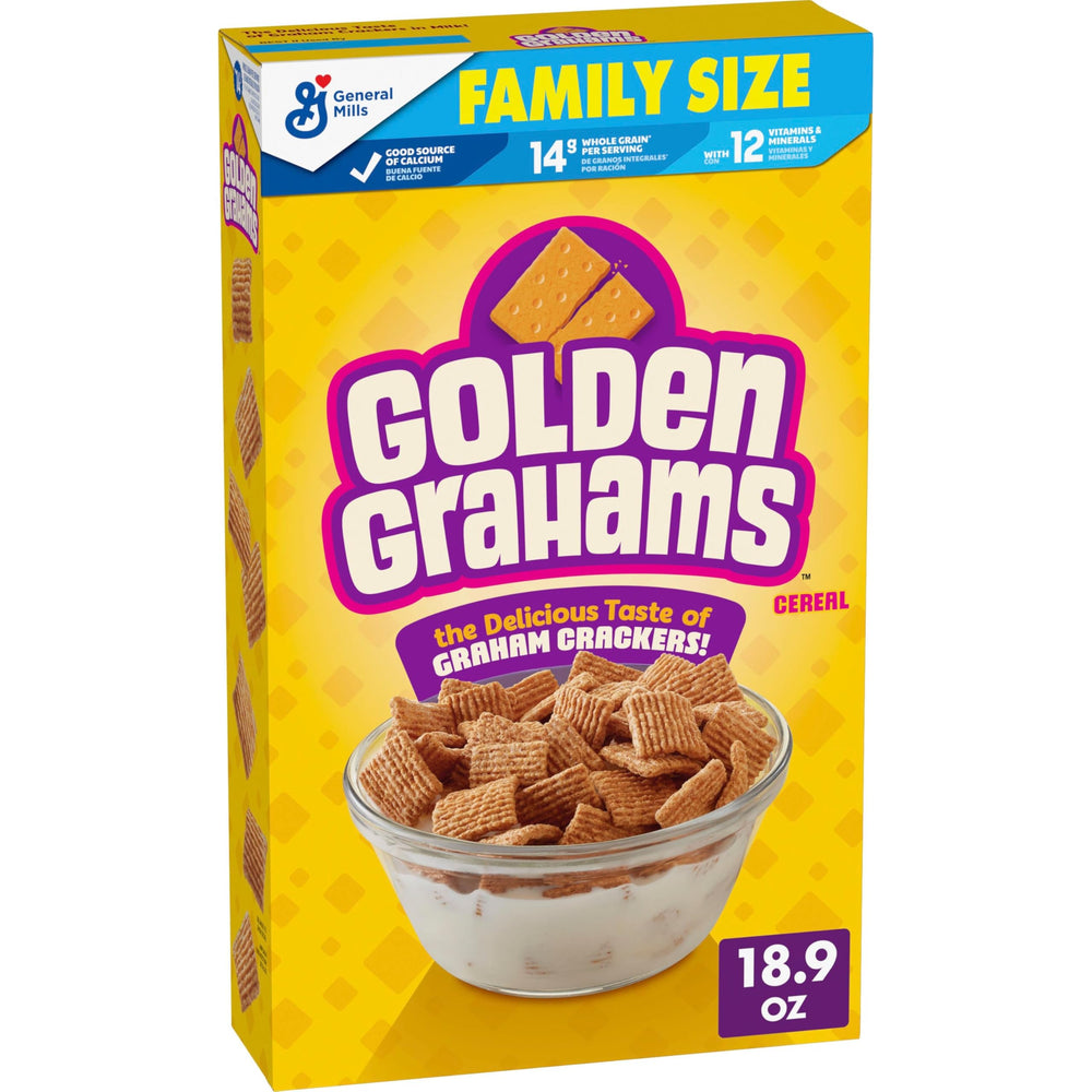 Golden Grahams cereal bowl with milk showing graham cracker flavor for breakfast.
