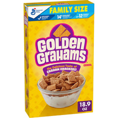 Golden Grahams cereal bowl with milk showing graham cracker flavor for breakfast.