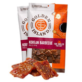 Golden Island Korean BBQ Pork Jerky front label, grab-and-go snack.