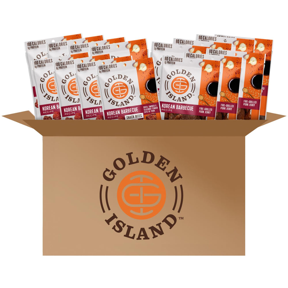 Golden Island Korean BBQ Variety Pack front label showing convenient protein snack option