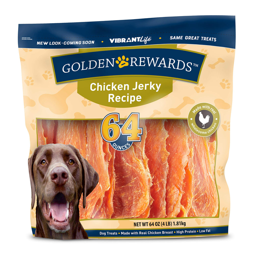 Golden Rewards Chicken Jerky 64oz pack close-up, ideal for training rewards.