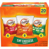 Goldfish Say Cheeeese variety-pack box front for on-the-go lunch options