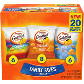 Goldfish Family Faves crackers variety pack with cheddar, colors, and baby flavors for versatile snacking.