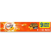 Goldfish Flavor Blasted Xtra Cheddar crackers close-up with bold cheddar flavor for on-the-go snacking.