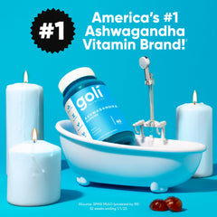 Goli Ashwagandha Vitamin D bottle back shows vegan, non-GMO, gluten-free, gelatin-free labeling.