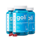 Goli Ashwagandha and Vitamin D gummies in mixed berry flavor, bottle front, ideal for daily relaxation.