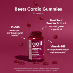 Goli Beets Cardio Gummies CoQ10 label highlights energy-friendly formula.