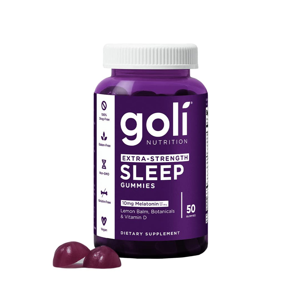 Goli Sleep Gummy jar close-up highlighting vegan, gluten-free formula for nightly routines.