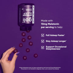Goli Sleep Gummy label close-up showing 10 mg melatonin content.