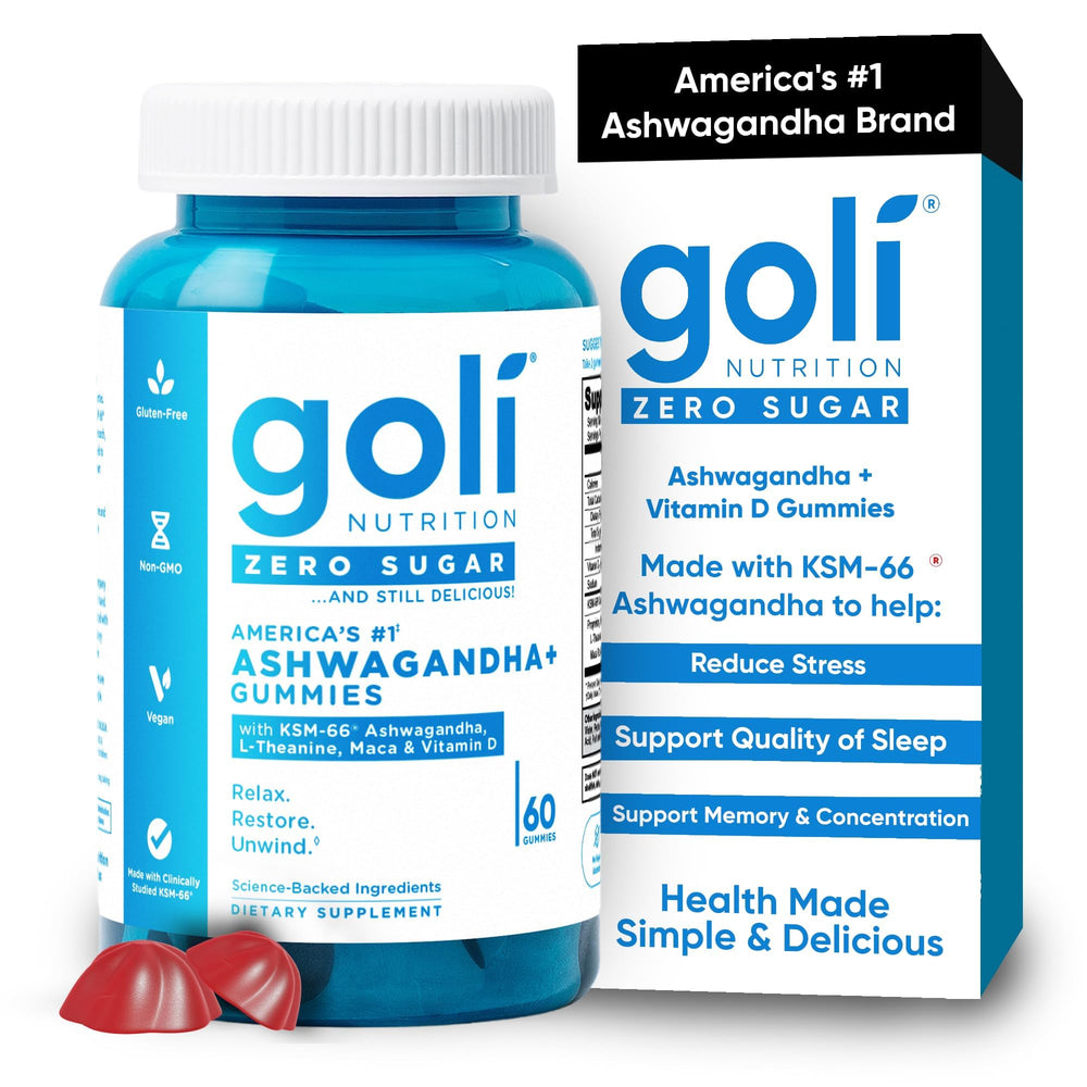 Goli Zero Sugar Ashwagandha bottle shown for easy stress support routine.