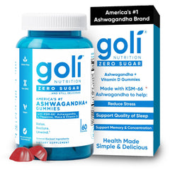 Goli Zero Sugar Ashwagandha bottle shown for easy stress support routine.