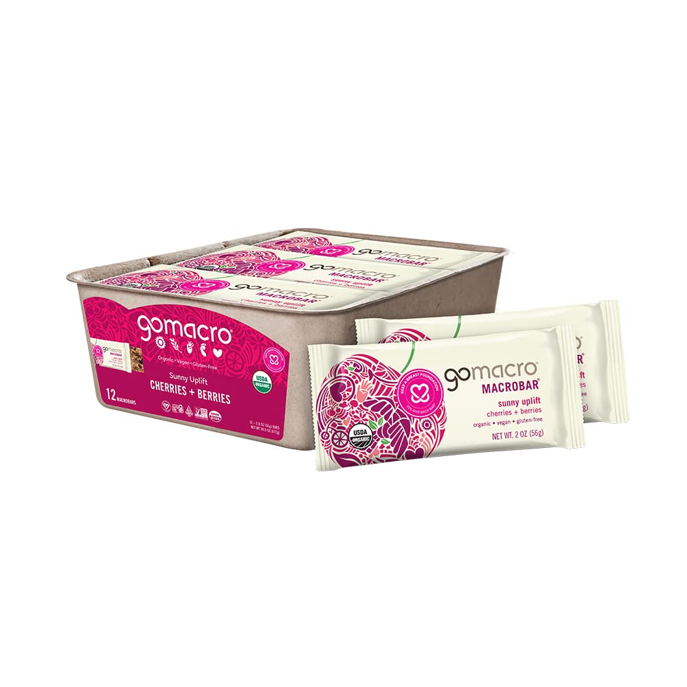 GoMacro Cherries and Berries MacroBar packaging showcases organic, plant-based snacking for on-the-go.