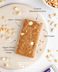 GoMacro MacroBar White Chocolate Macadamia Nuts on-the-go snack showcases plant-based protein