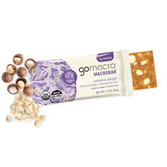 GoMacro MacroBar White Chocolate Macadamia Nuts packaging highlights organic vegan ingredients